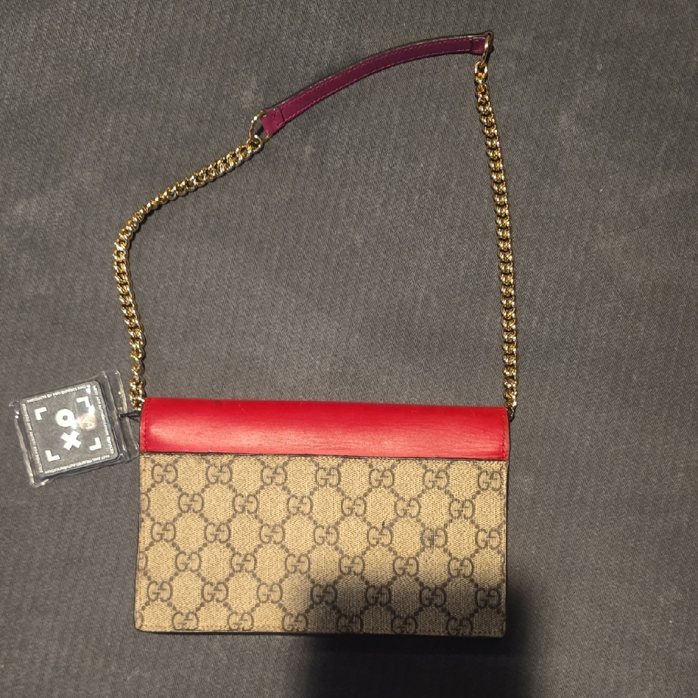 Gucci Red and Tan Clutch/Wallet with Gold Chain